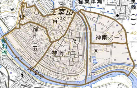 神南とその周辺の地図。町の範囲を重ねている