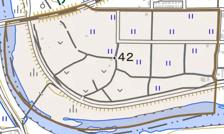 大字目安とその周辺の地図。町の範囲を重ねている