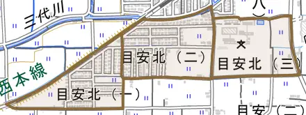 目安北とその周辺の地図。町の範囲を重ねている