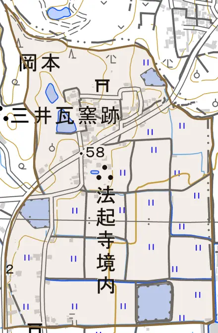 大字岡本とその周辺の地図。町の範囲を重ねている