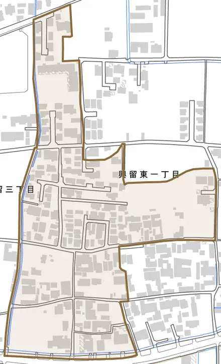 興留東とその周辺の地図。町の範囲を重ねている