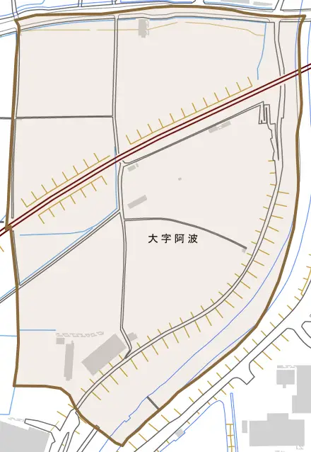 大字阿波とその周辺の地図。町の範囲を重ねている