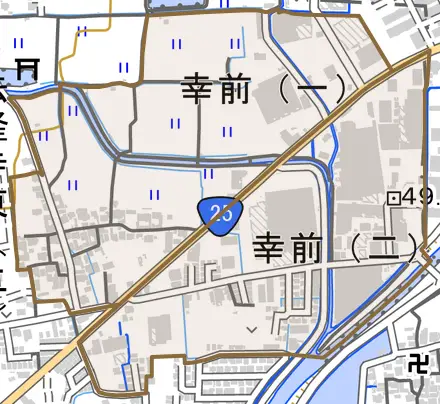 幸前とその周辺の地図。町の範囲を重ねている