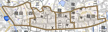 龍田とその周辺の地図。町の範囲を重ねている