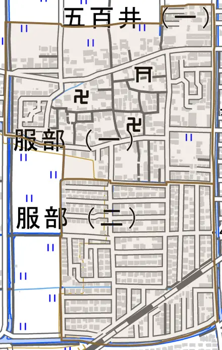 服部とその周辺の地図。町の範囲を重ねている
