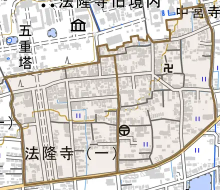 法隆寺とその周辺の地図。町の範囲を重ねている