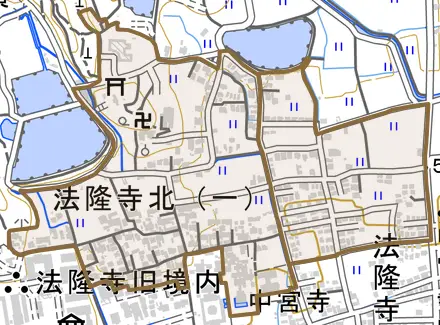 法隆寺北とその周辺の地図。町の範囲を重ねている