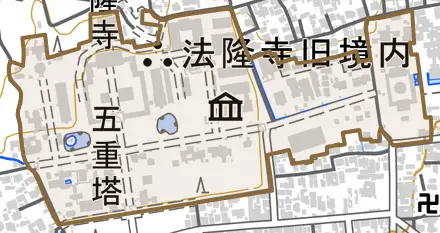 法隆寺山内とその周辺の地図。町の範囲を重ねている