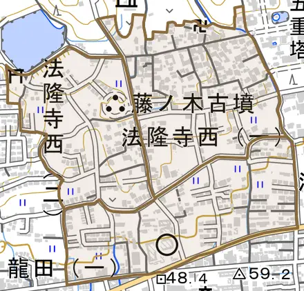 法隆寺西とその周辺の地図。町の範囲を重ねている