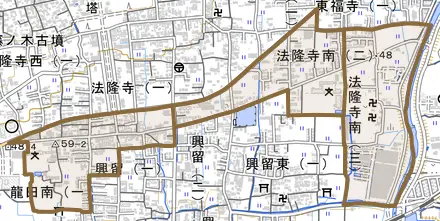 法隆寺南とその周辺の地図。町の範囲を重ねている