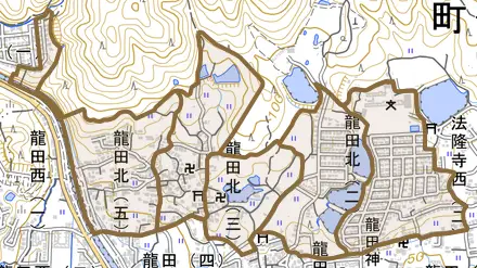 龍田北とその周辺の地図。町の範囲を重ねている