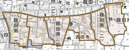 龍田南とその周辺の地図。町の範囲を重ねている