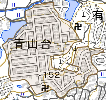 青山台とその周辺の地図。町の範囲を重ねている