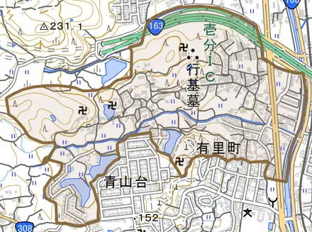 有里町とその周辺の地図。町の範囲を重ねている