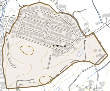 あすか台とその周辺の地図。町の範囲を重ねている