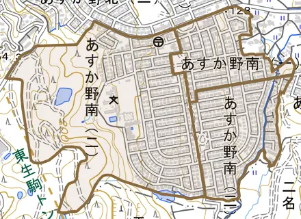 あすか野南とその周辺の地図。町の範囲を重ねている