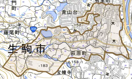 萩原町とその周辺の地図。町の範囲を重ねている