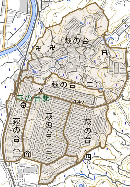 萩の台とその周辺の地図。町の範囲を重ねている