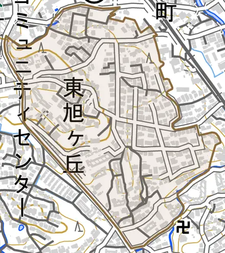 東旭ケ丘とその周辺の地図。町の範囲を重ねている