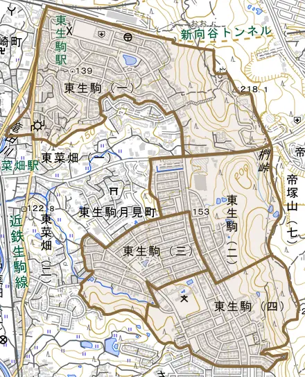 東生駒とその周辺の地図。町の範囲を重ねている