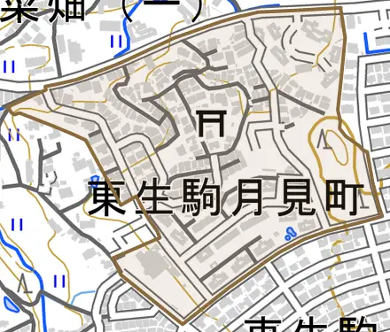 東生駒月見町とその周辺の地図。町の範囲を重ねている