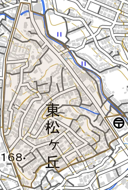 東松ケ丘とその周辺の地図。町の範囲を重ねている