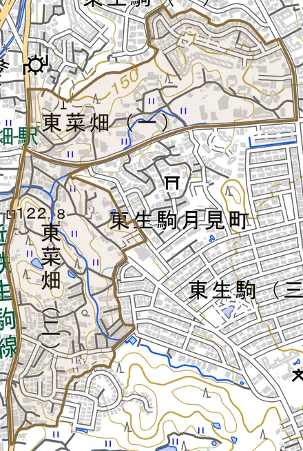 東菜畑とその周辺の地図。町の範囲を重ねている