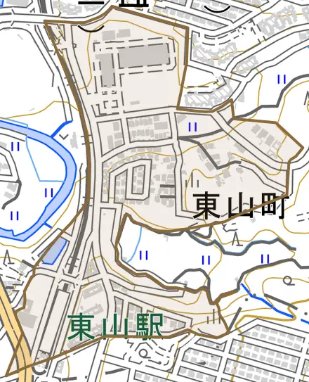 東山町とその周辺の地図。町の範囲を重ねている