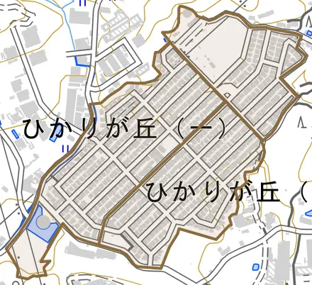 ひかりが丘とその周辺の地図。町の範囲を重ねている