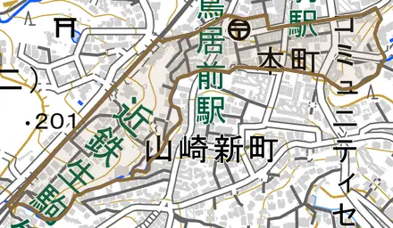 本町とその周辺の地図。町の範囲を重ねている