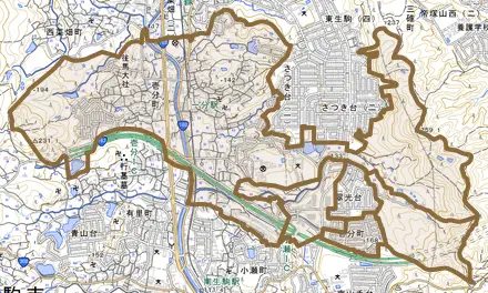 壱分町とその周辺の地図。町の範囲を重ねている