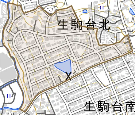生駒台北とその周辺の地図。町の範囲を重ねている