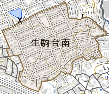 生駒台南とその周辺の地図。町の範囲を重ねている