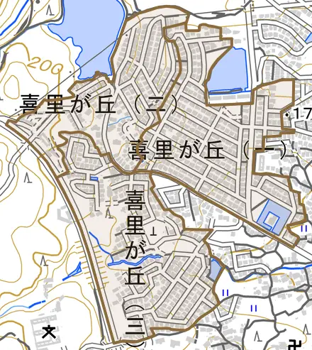 喜里が丘とその周辺の地図。町の範囲を重ねている