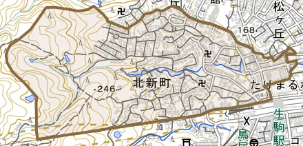 北新町とその周辺の地図。町の範囲を重ねている