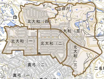 北大和とその周辺の地図。町の範囲を重ねている