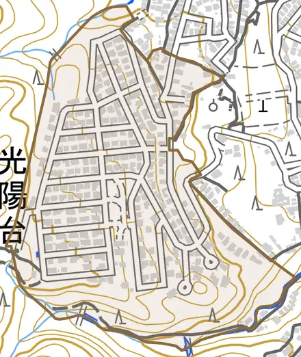 光陽台とその周辺の地図。町の範囲を重ねている