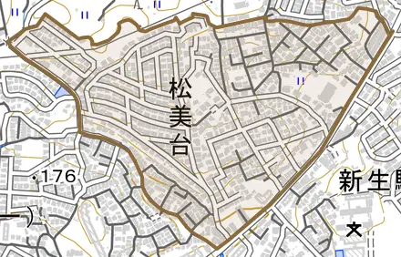 松美台とその周辺の地図。町の範囲を重ねている