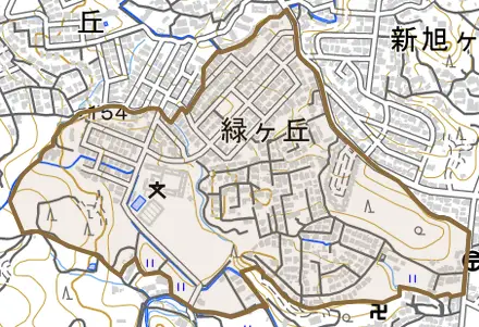 緑ケ丘とその周辺の地図。町の範囲を重ねている