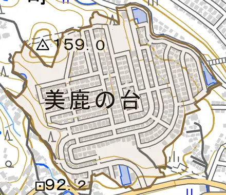 美鹿の台とその周辺の地図。町の範囲を重ねている