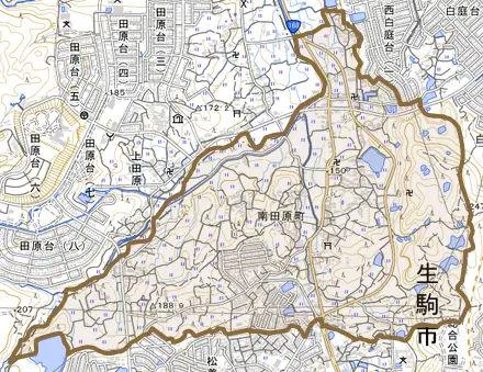 南田原町とその周辺の地図。町の範囲を重ねている