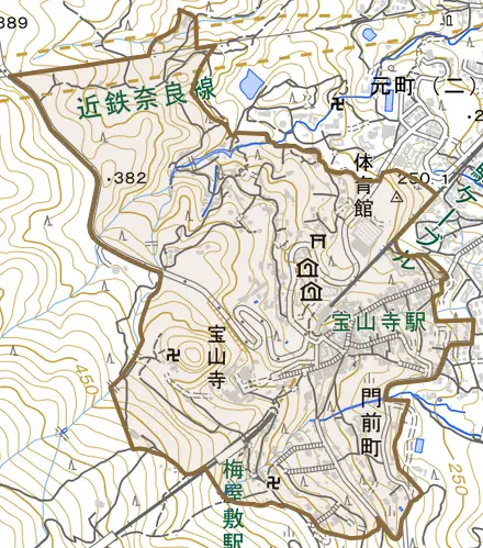 門前町とその周辺の地図。町の範囲を重ねている