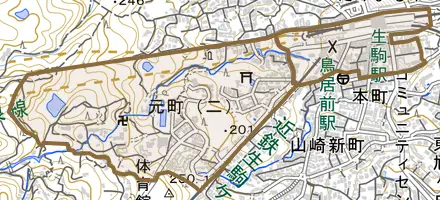 元町とその周辺の地図。町の範囲を重ねている