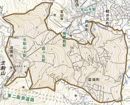 菜畑町とその周辺の地図。町の範囲を重ねている