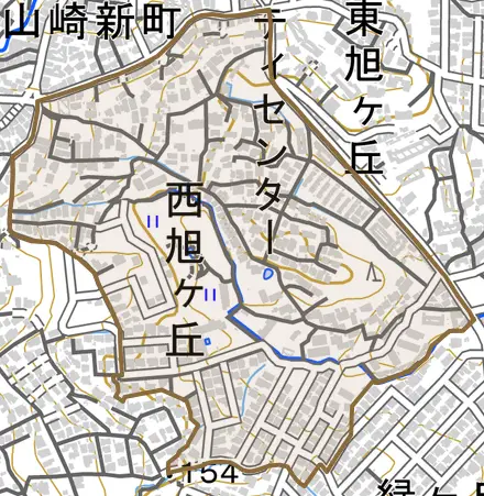 西旭ケ丘とその周辺の地図。町の範囲を重ねている