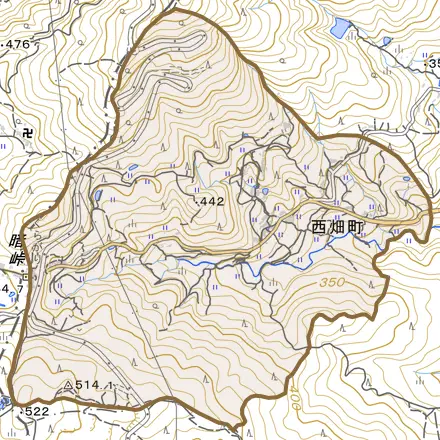 西畑町とその周辺の地図。町の範囲を重ねている
