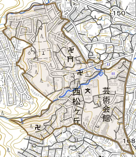 西松ケ丘とその周辺の地図。町の範囲を重ねている