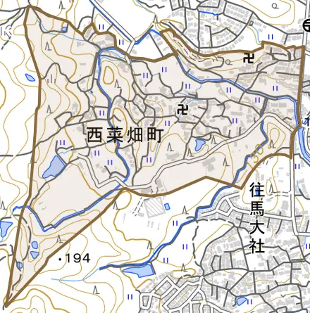 西菜畑町とその周辺の地図。町の範囲を重ねている