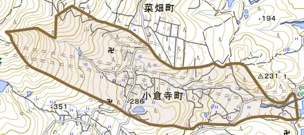小倉寺町とその周辺の地図。町の範囲を重ねている