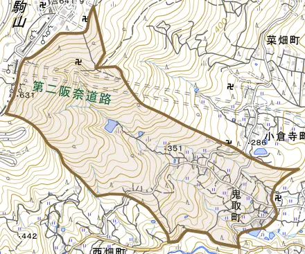 鬼取町とその周辺の地図。町の範囲を重ねている